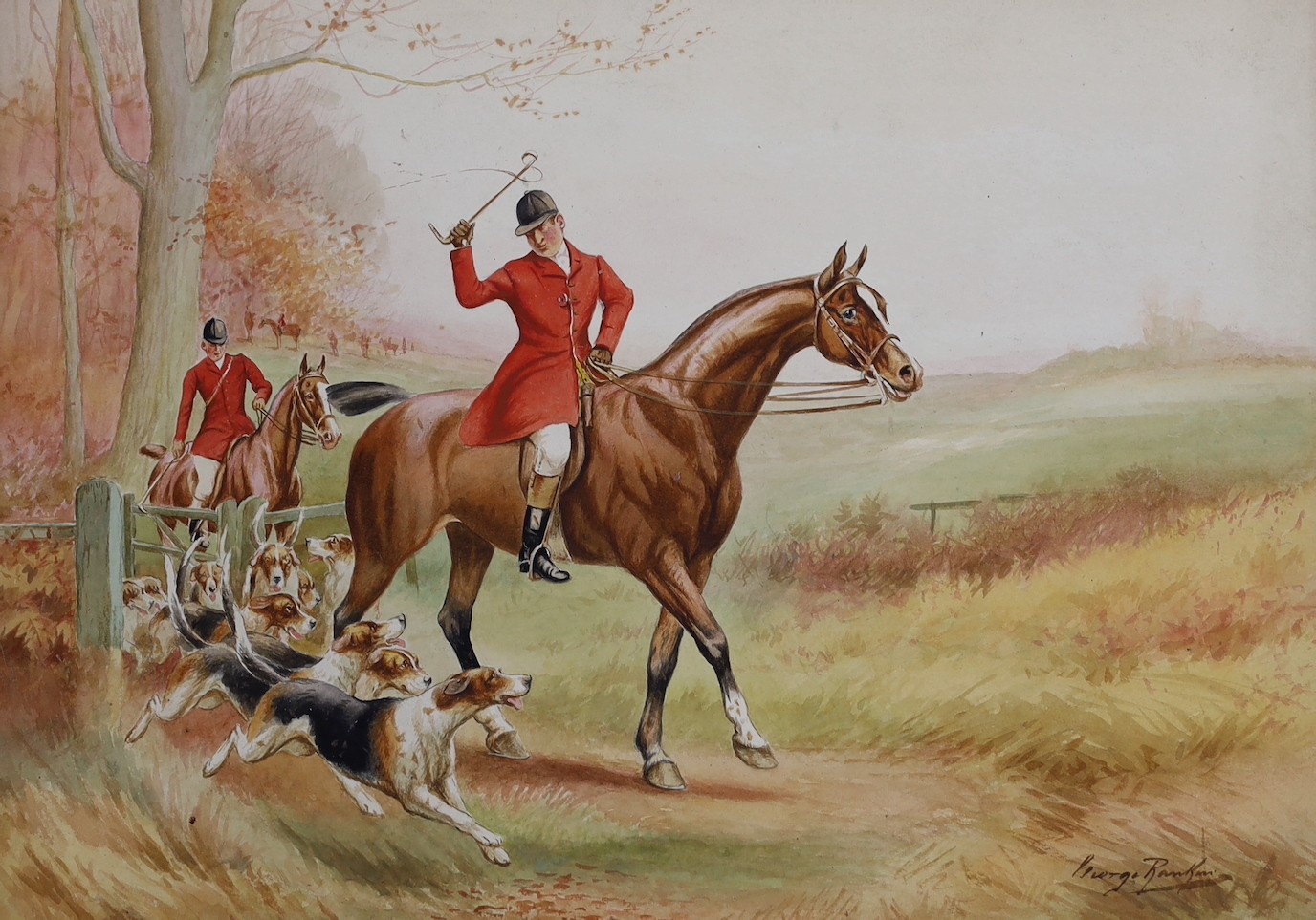 George Rankin (1864-1937), six watercolours on card, hunting scenes, signed, unframed, largest 27 x 37cm